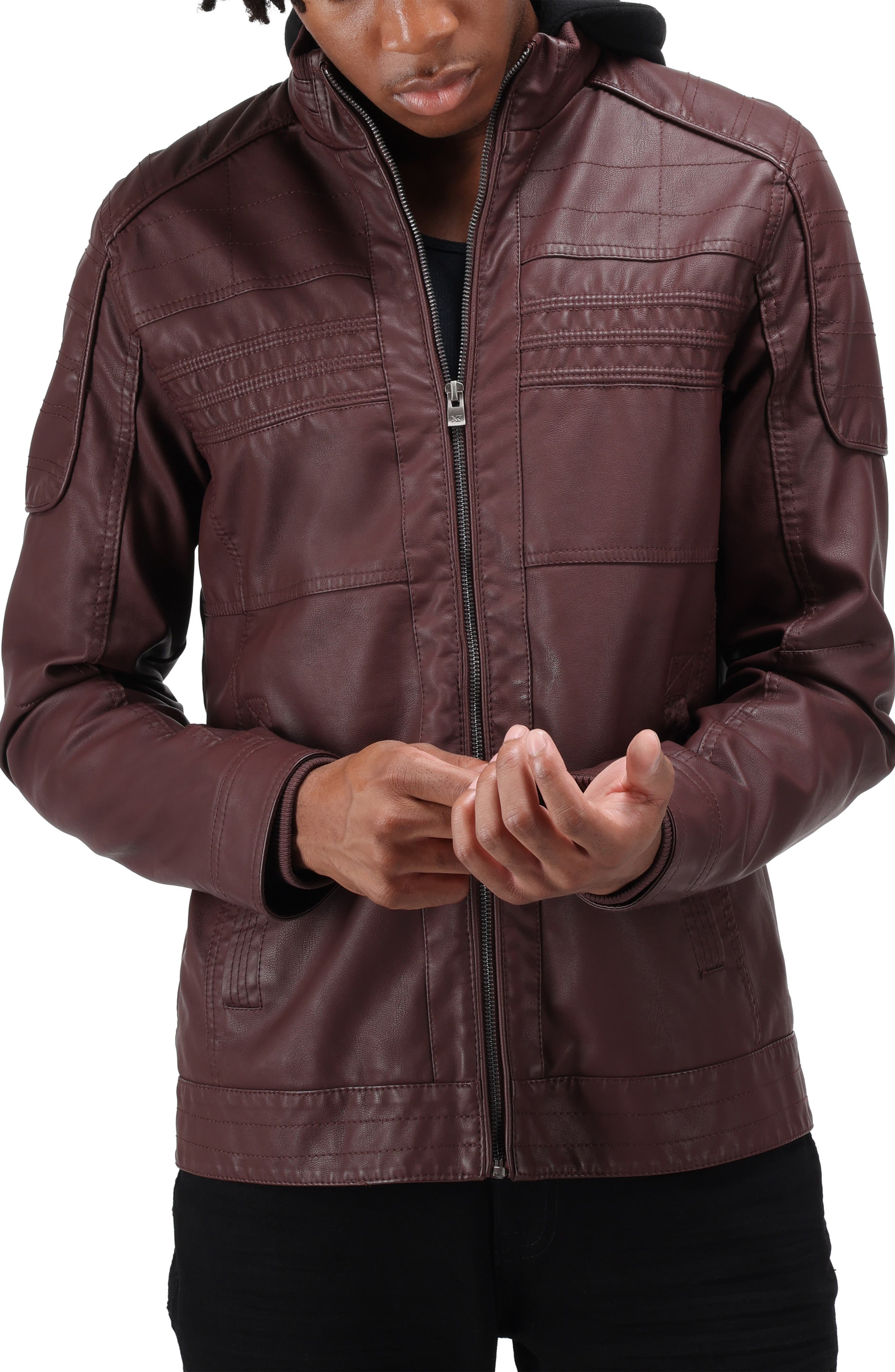 XRAY Faux Leather Hooded Moto Jacket with Faux Fur Lining