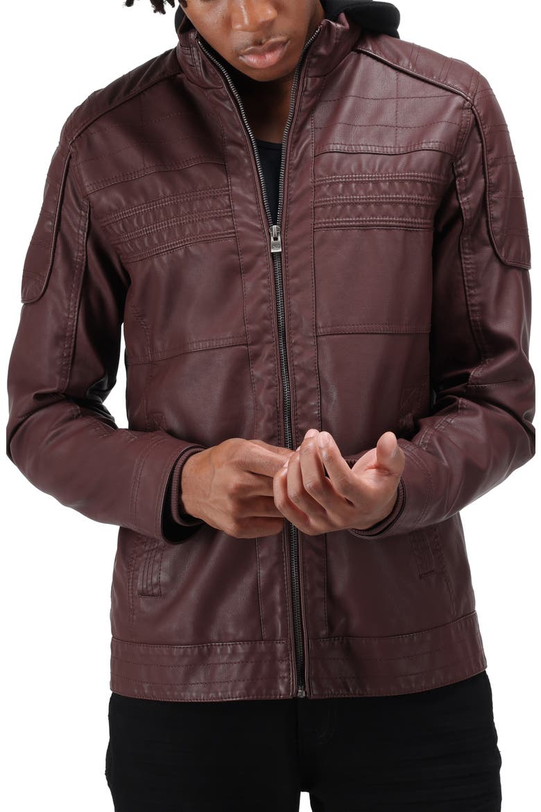 Faux Leather Hooded Moto Jacket with Faux Fur Lining, Main, color, BURGUNDY