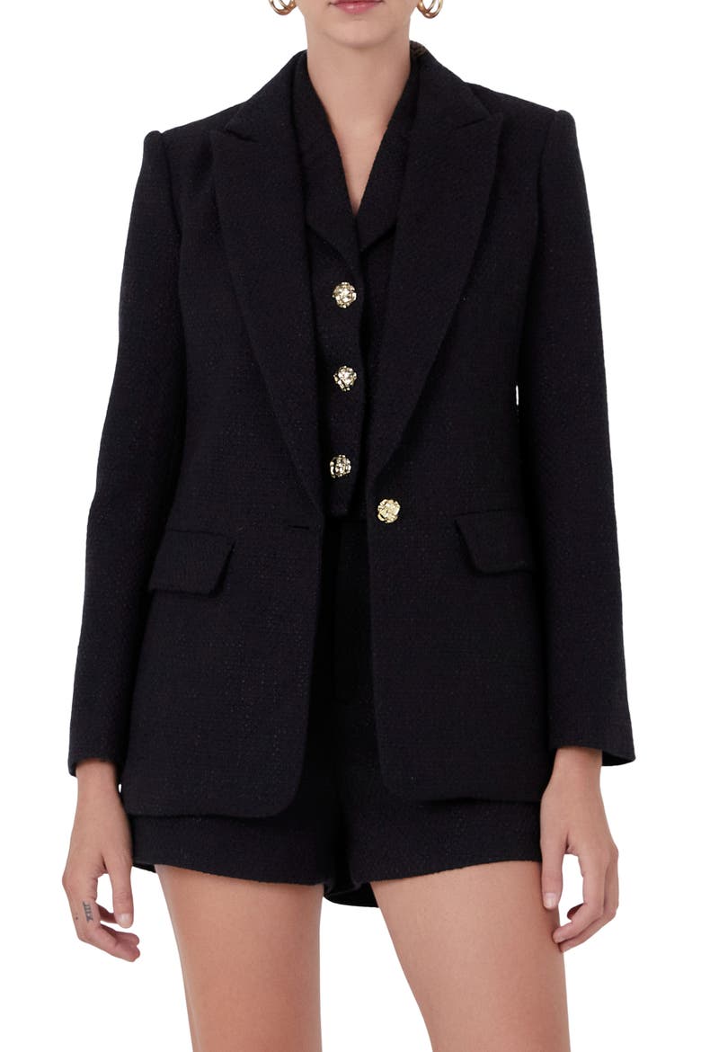 Peaked Lapel Tweed Blazer, Alternate, color, BLACK