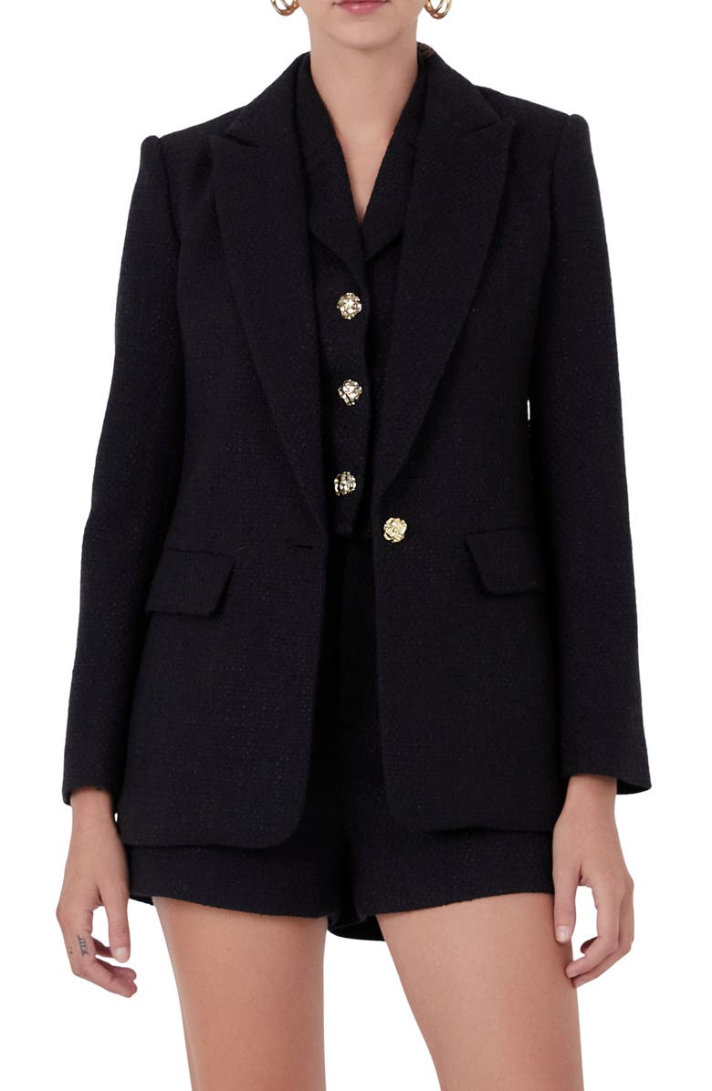 Endless Rose Peaked Lapel Tweed Blazer, Alternate, color, Black