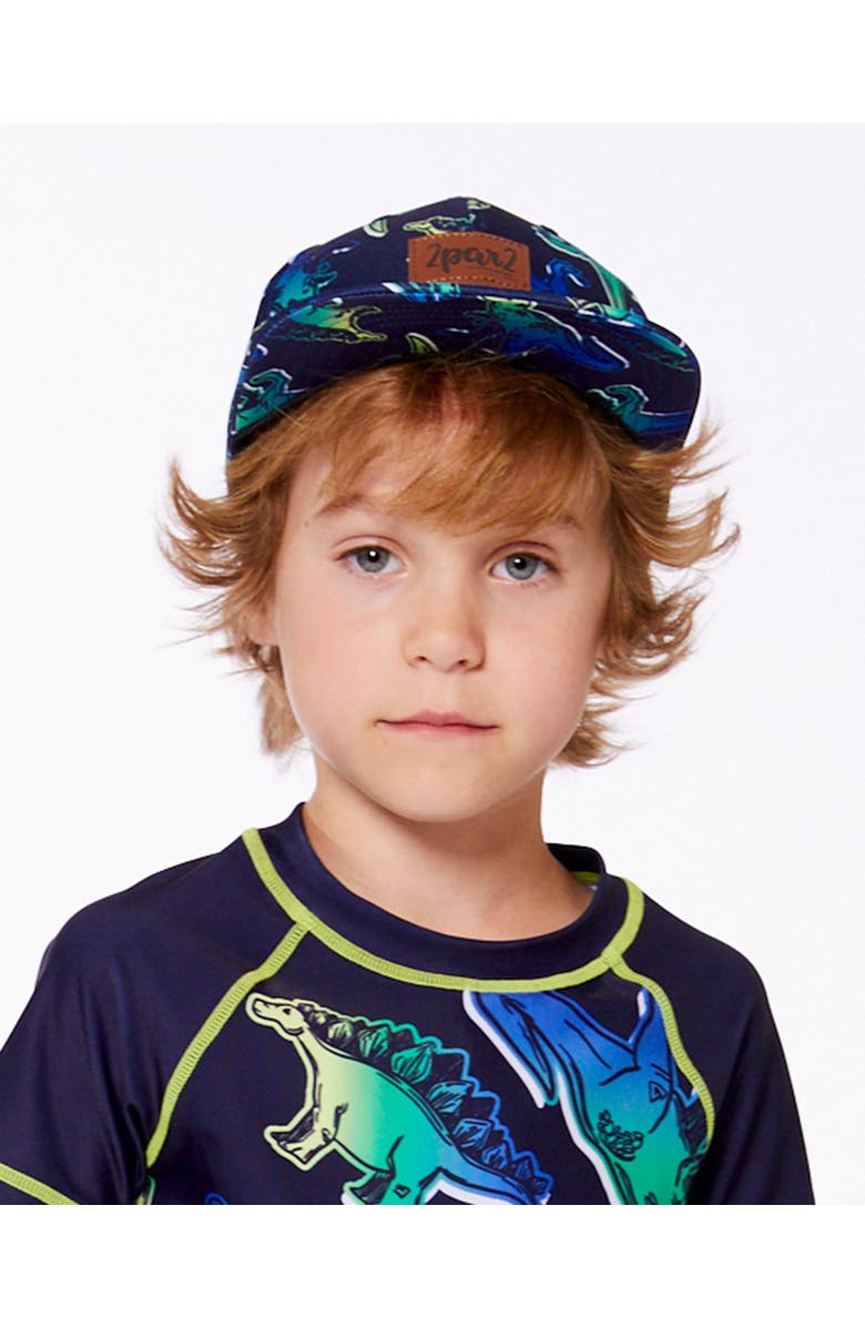 Deux par Deux Boy's Printed Cap Blue And Green Dino On Navy, Alternate, color, Blue And Green Dino On Navy