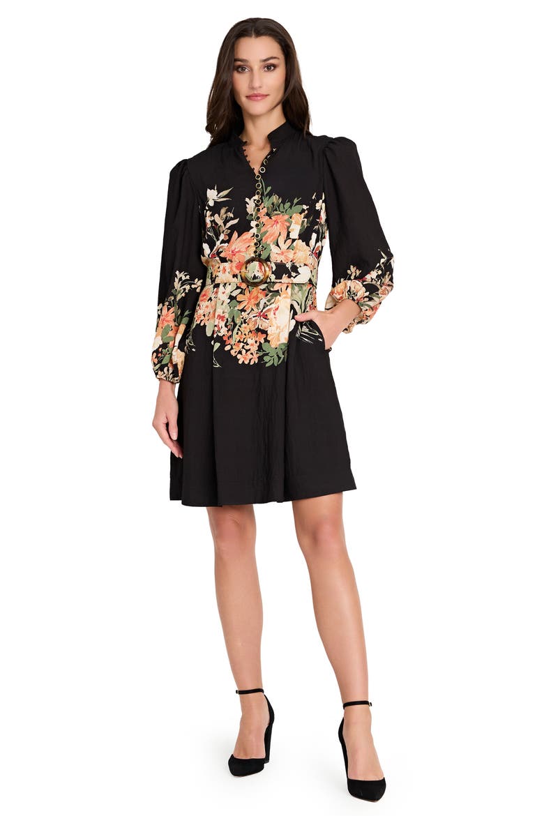 Border Belted Puff Shoulder Dress, Alternate, color, BLACK MULTI