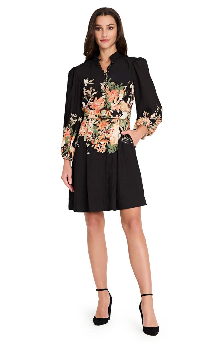 Tahari ASL Border Belted Puff Shoulder Dress, Alternate, color, Black Multi