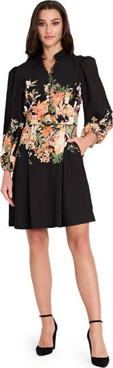 Border Belted Puff Shoulder Dress