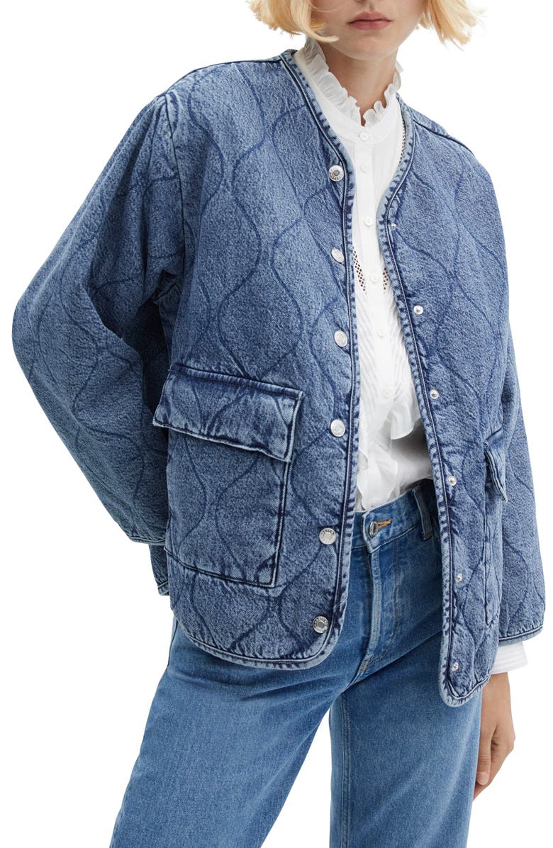 MANGO Quilted Collarless Denim Jacket, Main, color,