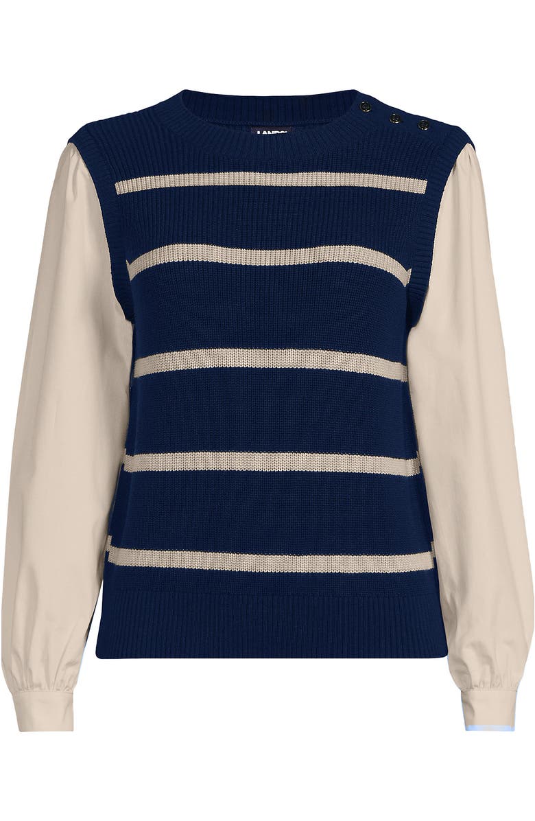 Lands' End Drifter Shaker Button Shoulder Sweater Vest with Poplin Sleeves, Alternate, color, Deep Sea Navy/Champagne Stripe
