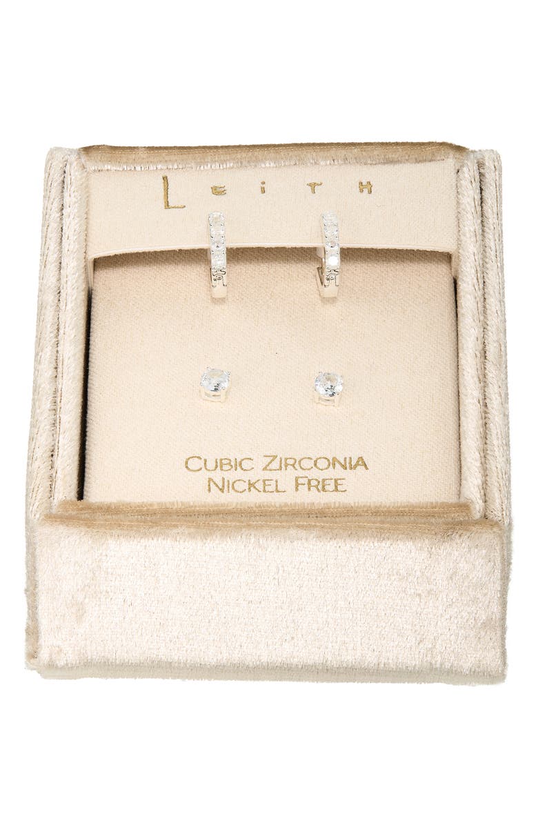 Leith Set of 2 Cubic Zirconia Stud & Huggie Hoop Earrings, Main, color, Clear- Silver