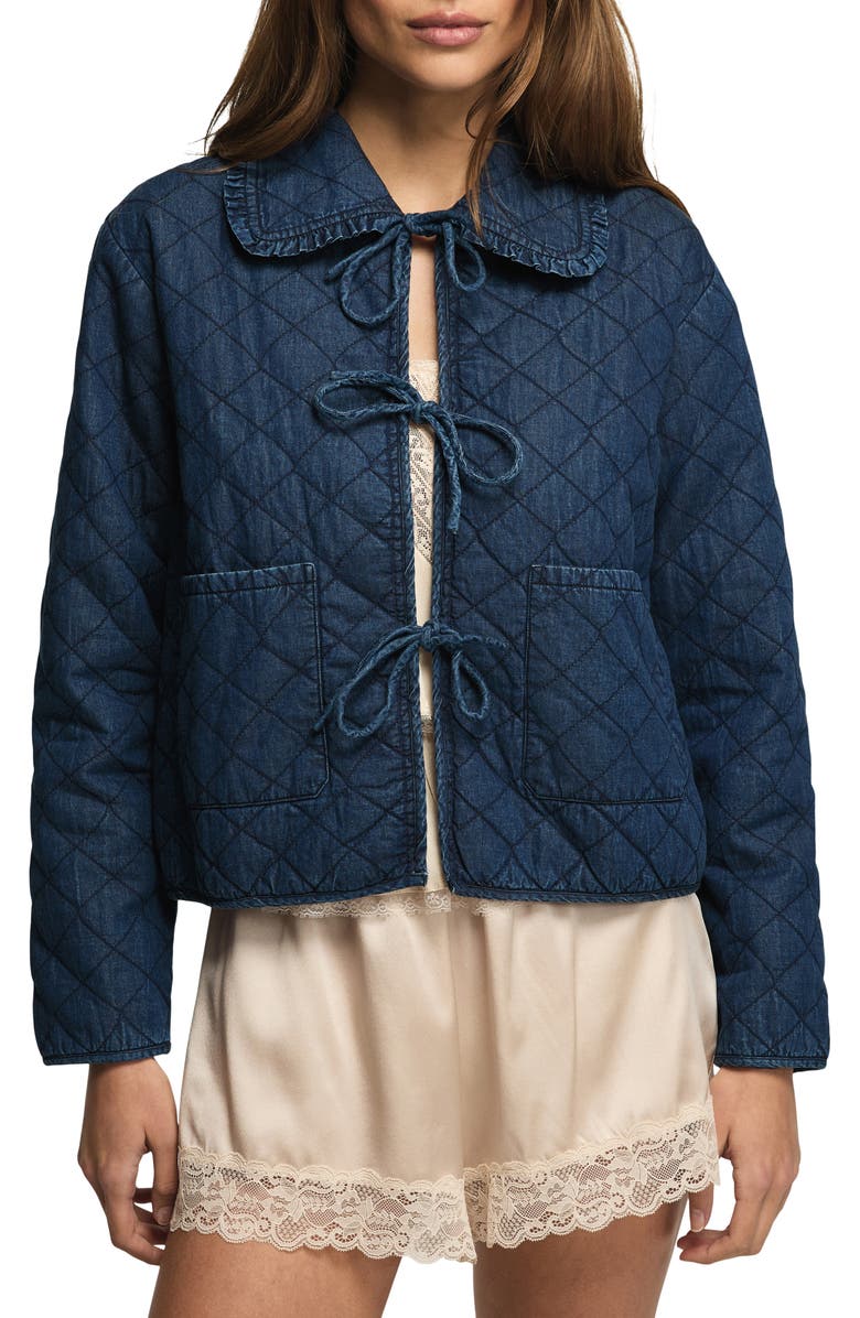 Lucky Brand Quilted Peter Pan Collar Denim Jacket, Main, color, Navy