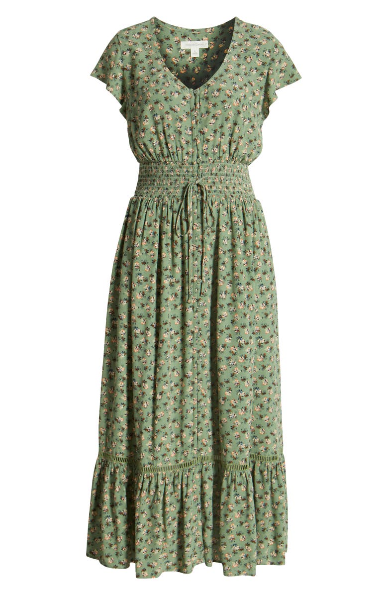 Treasure & Bond Print Smocked Waist Ruffle Hem Maxi Dress, Alternate, color, Olive- Rust Elaine Geo