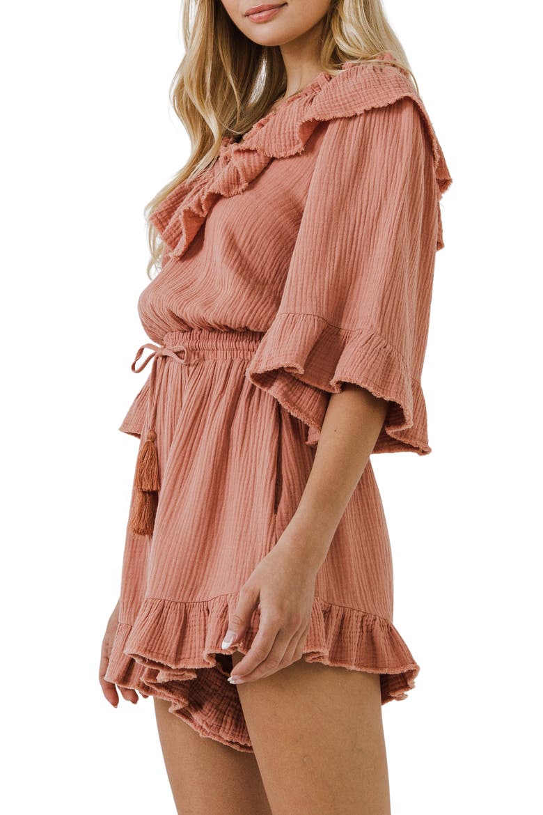 Ruffle Detail Cotton Romper, Alternate, color, RUST