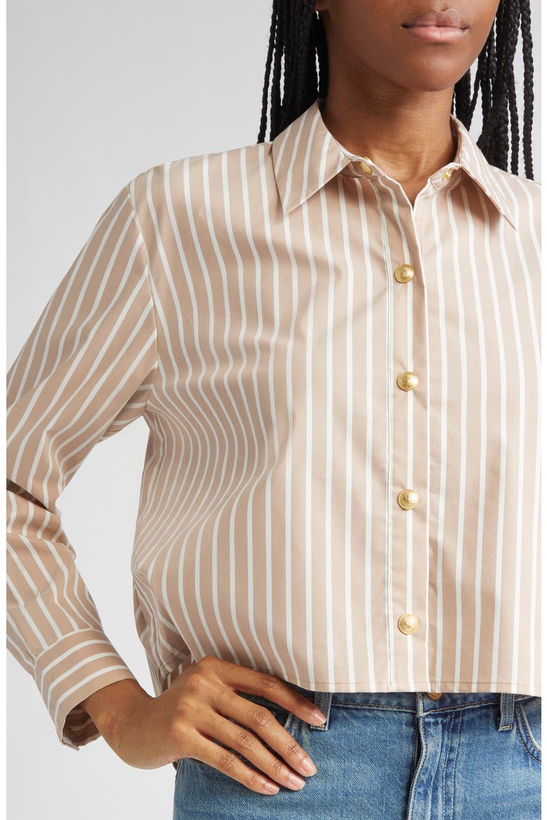 Cosette Stripe High-Low Crop Snap-Up Shirt, Alternate, color, CAPPUCCINO/ IVORY STRIPE