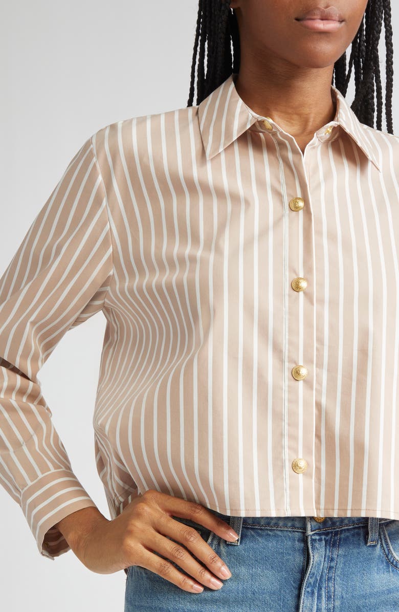 L'AGENCE Cosette Stripe High-Low Crop Snap-Up Shirt, Alternate, color, Cappuccino/ Ivory Stripe