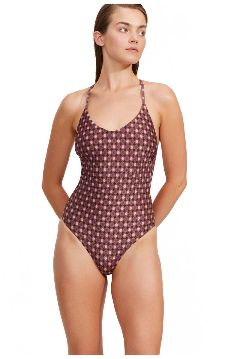 Luma Gottex Vintage Charm Scoop Neck Halter One Piece, Main, color, Purple / Bronze