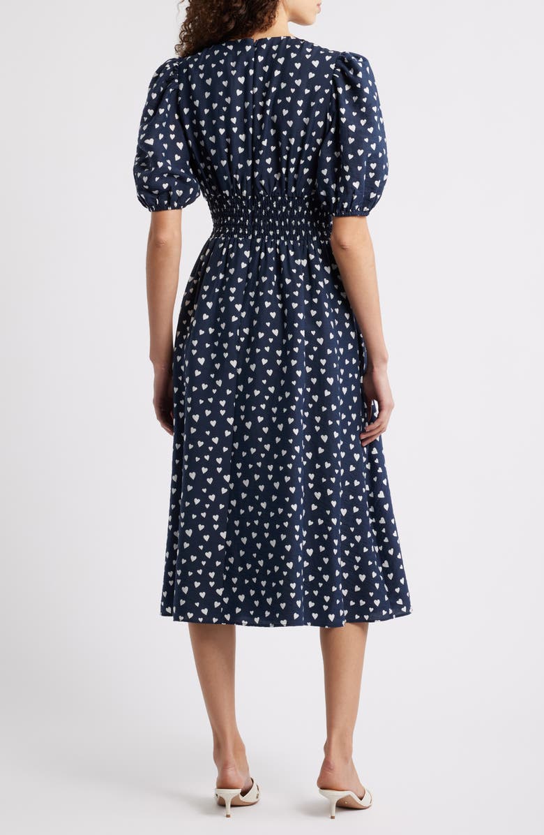 Caslon<sup>®</sup> Puff Sleeve Heart Midi Dress, Alternate, color, Navy- White Floating Hearts
