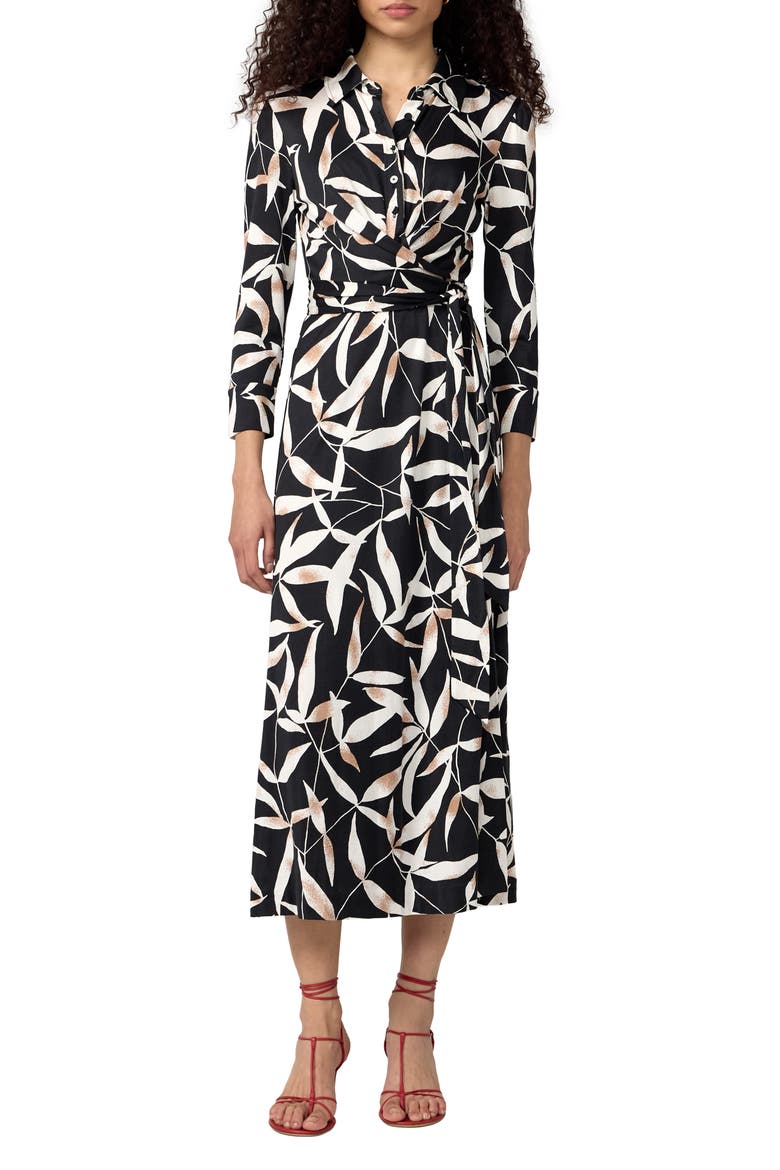 Sana Two Leaf Print Wrap Shirtdress, Main, color, BAY LEAF BLACK