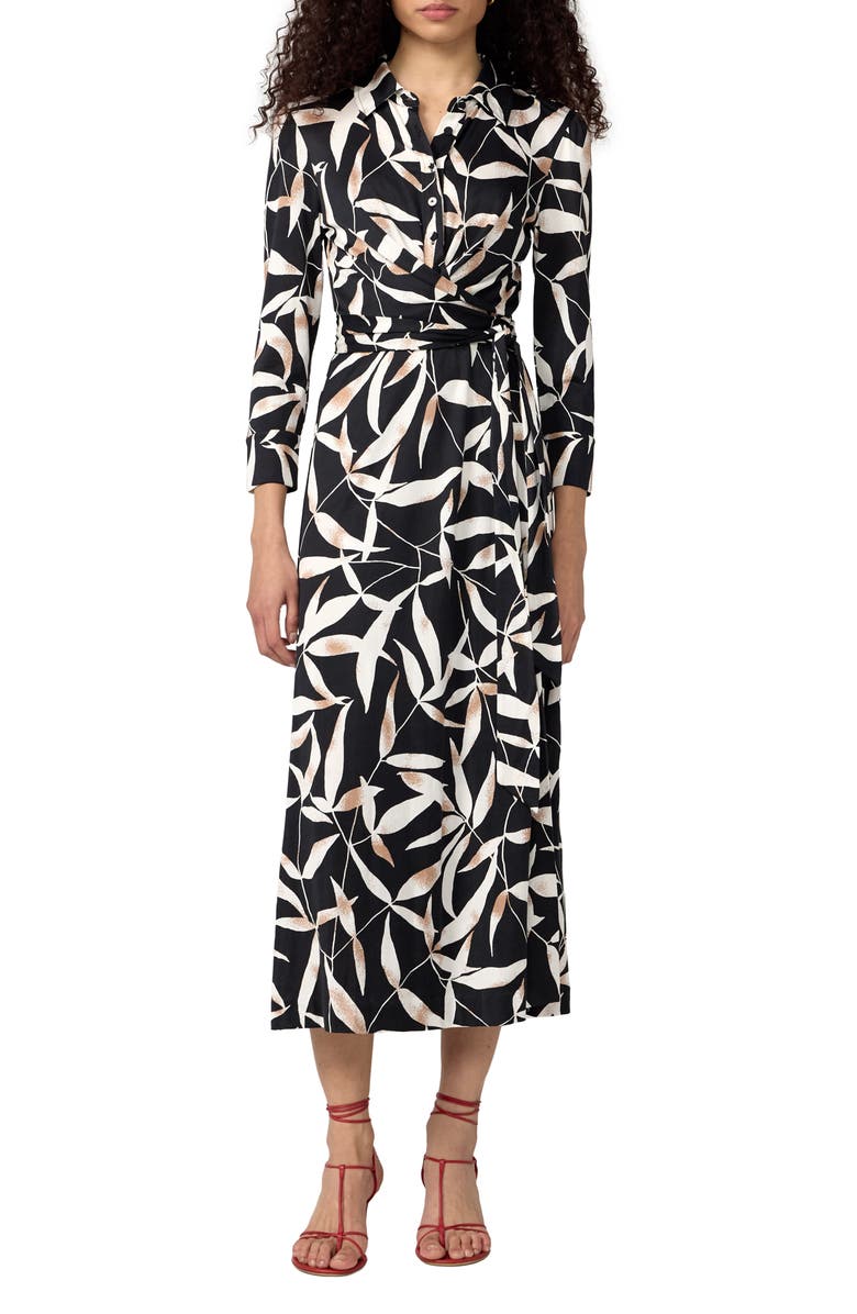 DVF Sana Two Leaf Print Wrap Shirtdress, Main, color, Bay Leaf Black