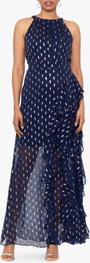 Betsy & Adam Metallic Clip Dot Ruffle Halter Neck Chiffon Gown