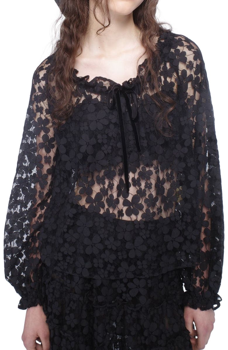 Anna Sui Shadow Blossom Tulle Elastic Lace Blouse, Alternate, color, Black