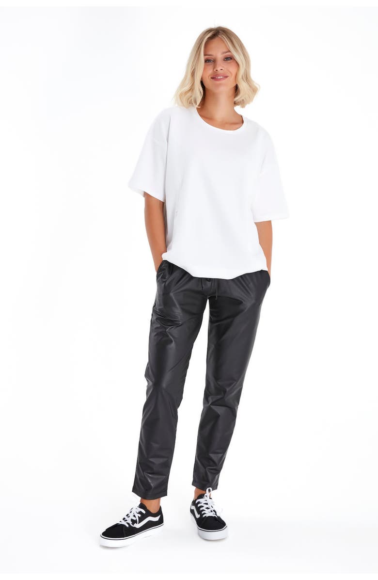 Accouchée Comfy Cool Foldover Waistband Faux Leather Jogger Pants, Alternate, color, Black