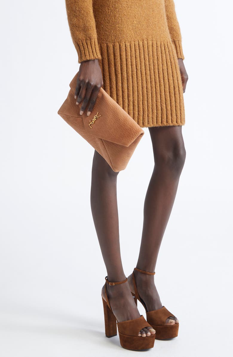 Saint Laurent Large Cassandre Leather Envelope Clutch, Alternate, color, Honey Caramel