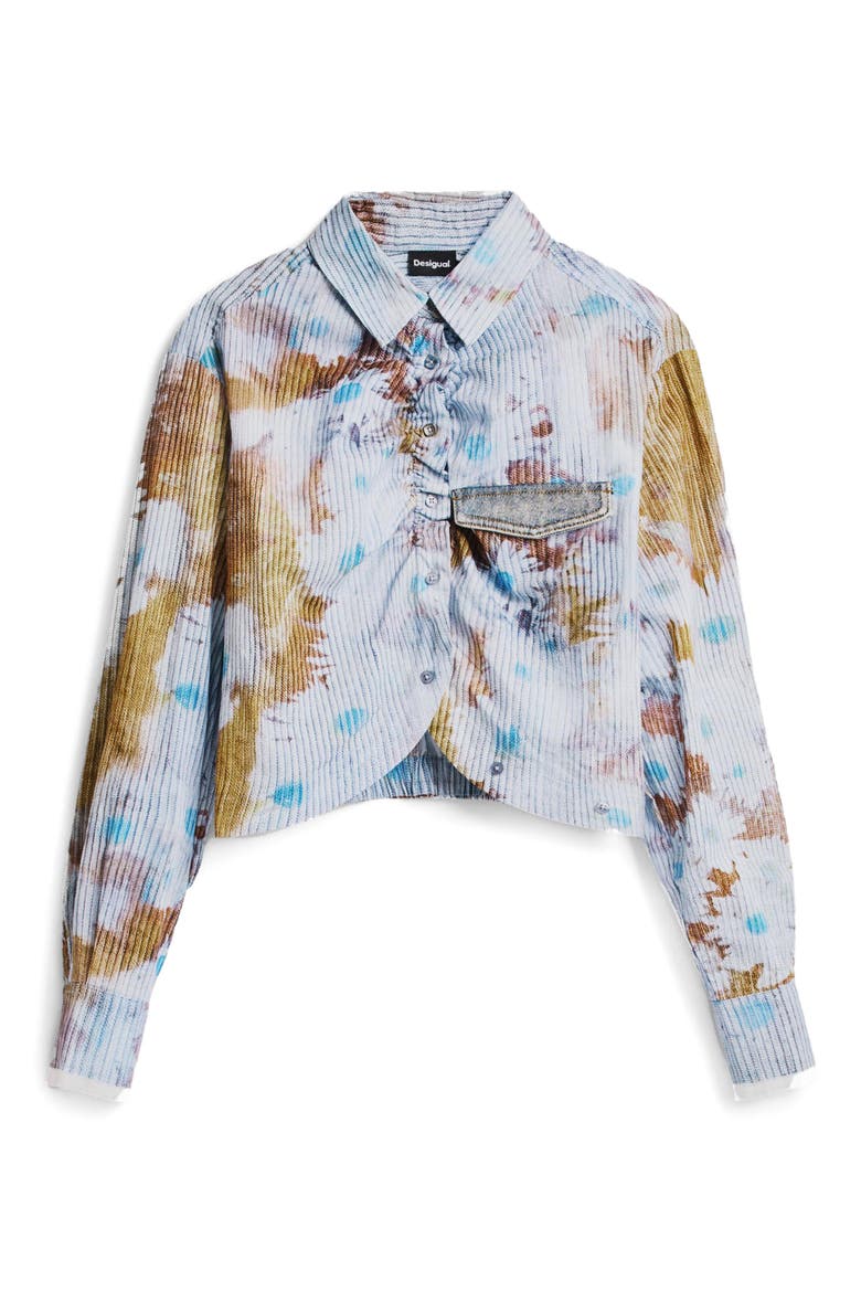 Floral Cotton Rib Knit Crop Button-Up Shirt, Alternate, color, BLUE