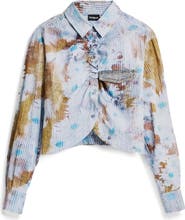 Desigual Floral Cotton Rib Knit Crop Button-Up Shirt