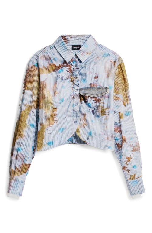 Desigual Floral Cotton Rib Knit Crop Button-up Shirt In Blue