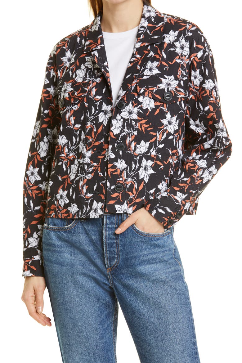 Jessie Floral Print Linen Blend Shirt Jacket, Main, color, BLACK