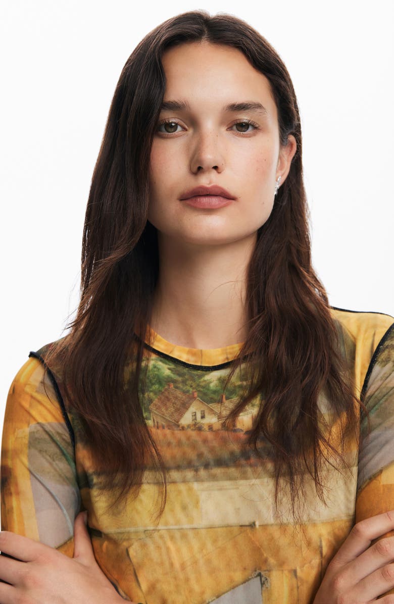 Desigual Love Life Long Sleeve Mesh T-Shirt, Alternate, color, Yellow