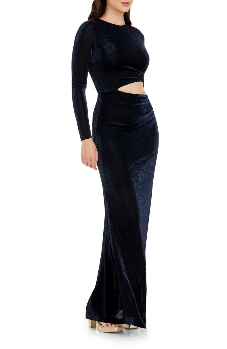 Dress the Population Candace Cutout Metallic Long Sleeve Column Gown, Alternate, color, Midnight Blue B