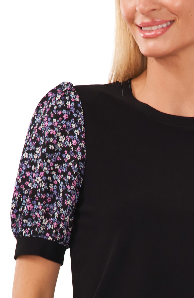 CeCe Floral Sleeve Mixed Media Knit Top | Nordstrom