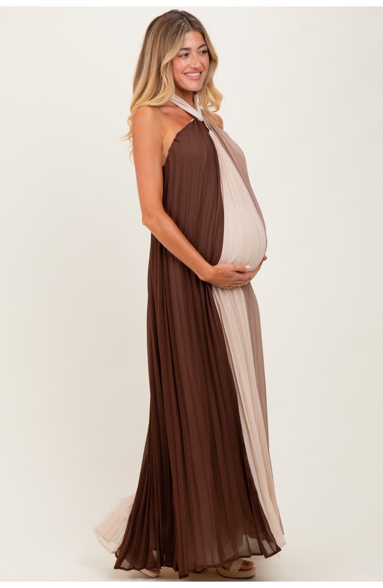 PinkBlush Colorblock Pleated Halter Neck Maxi Dress, Alternate, color, Brown