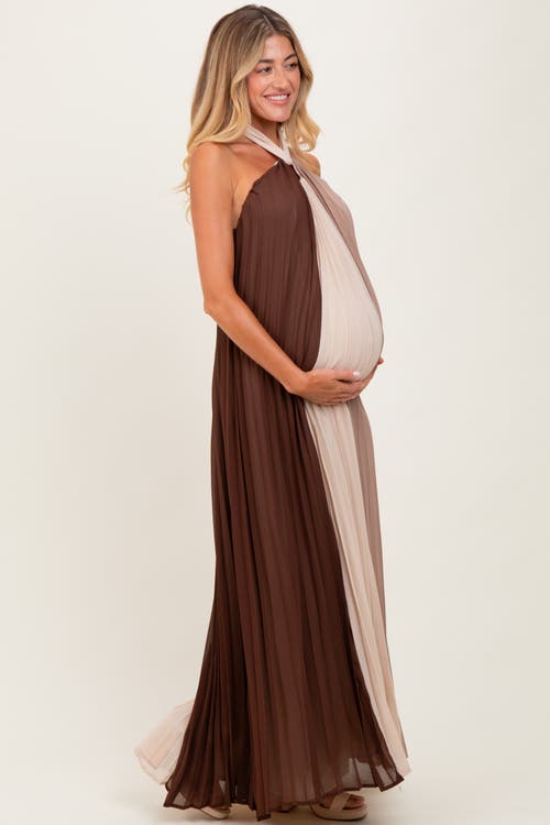 Pinkblush Colorblock Pleated Halter Neck Maxi Dress In Brown