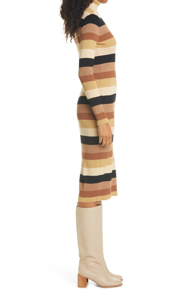 Lisa Stripe Ribbed Turtleneck Long Sleeve Midi Dress, Alternate, color, CAMEL MULTI