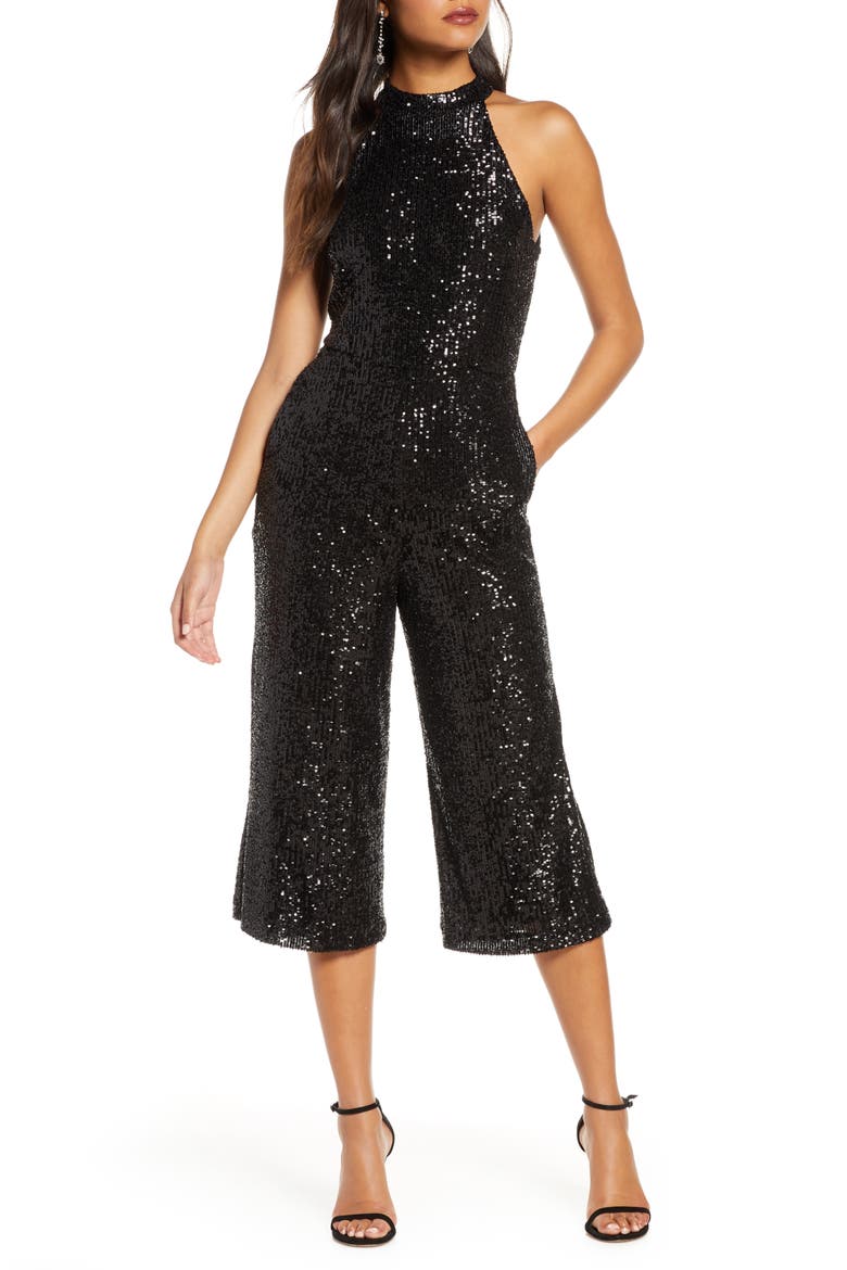 Crop Sequin Jumpsuit, Main, color, BLACK