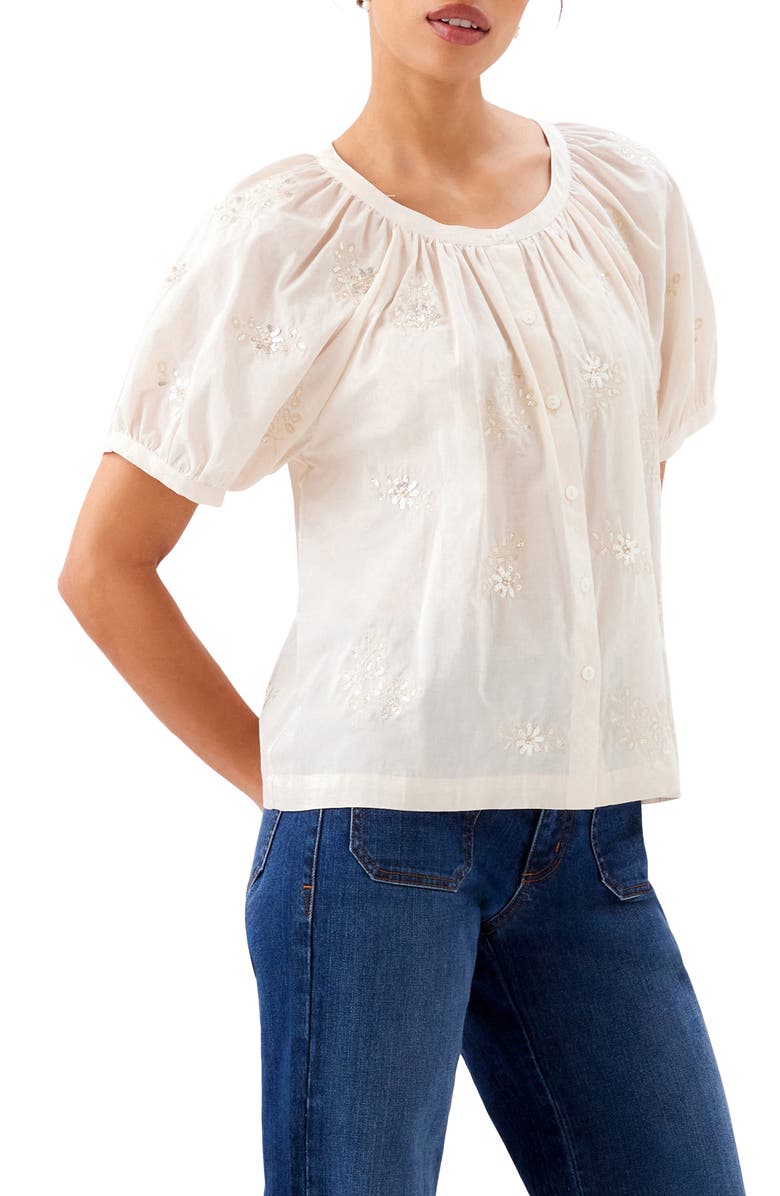 Karen Kane Floral Embroidered Button-Up Peasant Top, Alternate, color, Natural