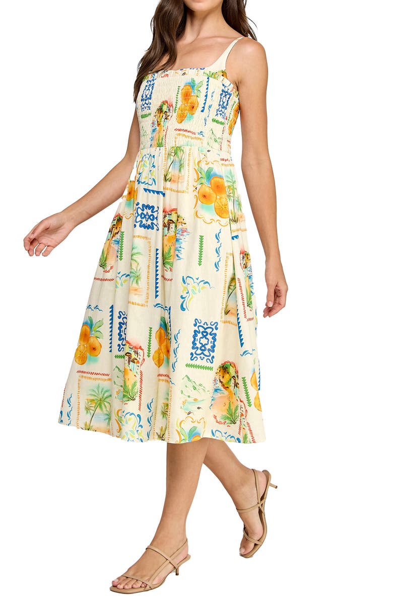 LAYERED WITH LOVE Cecelia Postcard Print Linen Blend Midi Sundress, Alternate, color, Postcard