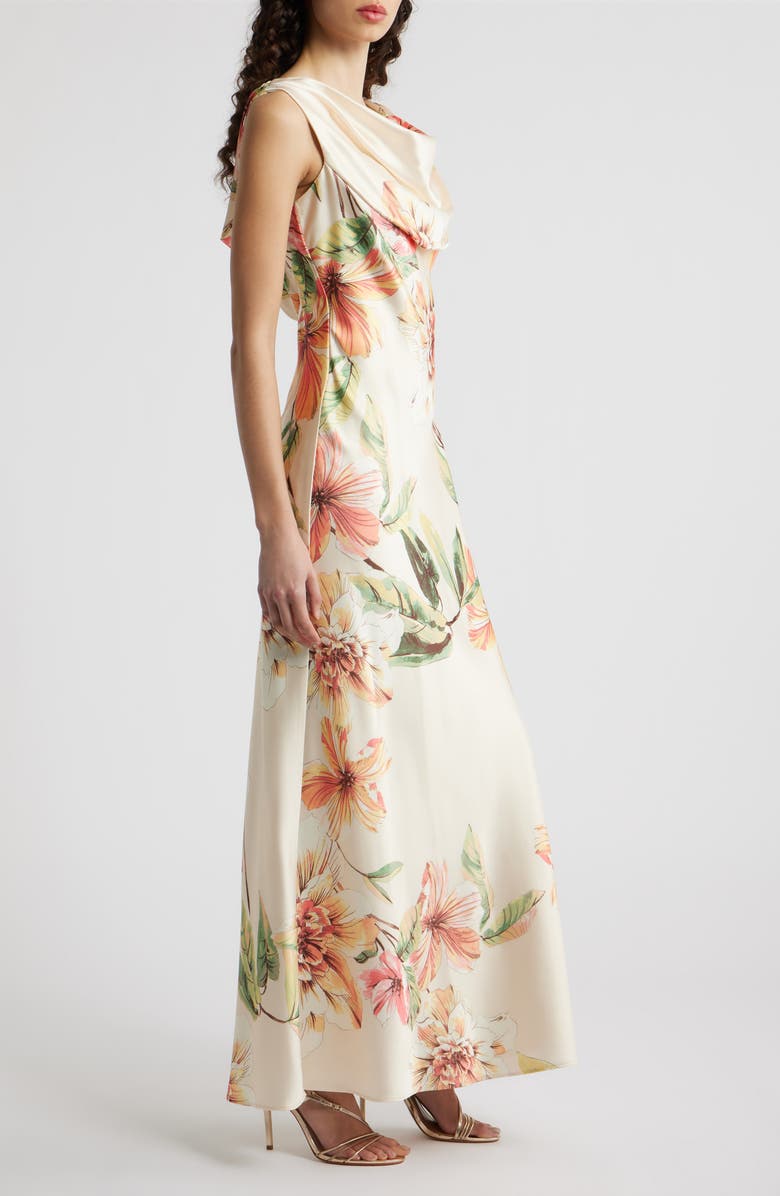 Eliza J Floral Cowl Neck Satin Gown, Alternate, color, Champagne