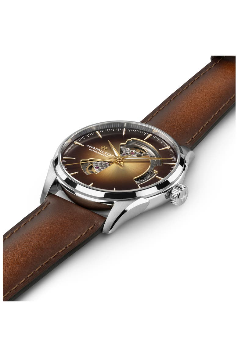 Jazzmaster Open Heart Automatic Leather Strap Watch, 42mm, Alternate, color, BROWN