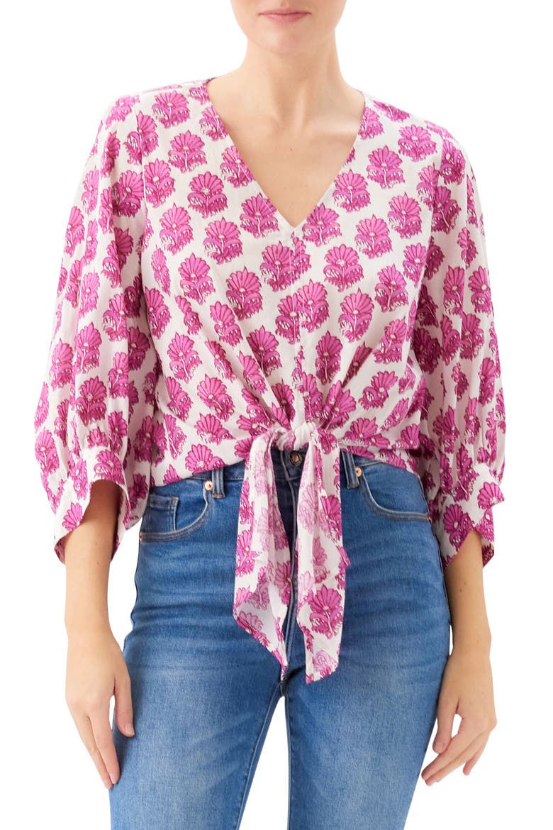 Batik Print Tie Front Cotton Top, Main, color, PINK PRINT