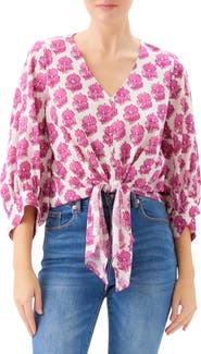 Karen Kane Batik Print Tie Front Cotton Top