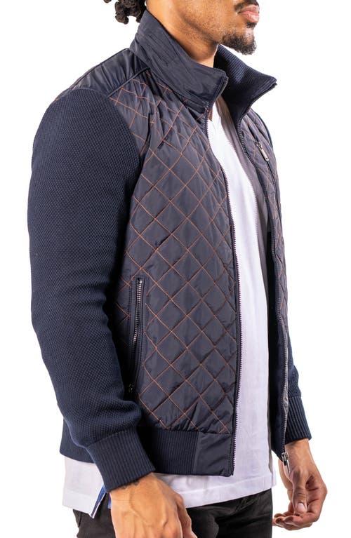 Maceoo Big Diamond Mixed Media Quilted Bomber Jacket In Blue