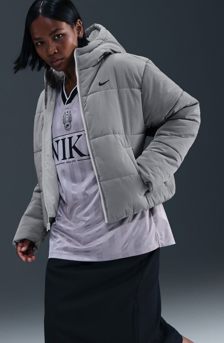 Nike Sportswear Therma-FIT Water Resistant Hooded Puffer Jacket, Alternate, color, Grey/ Black