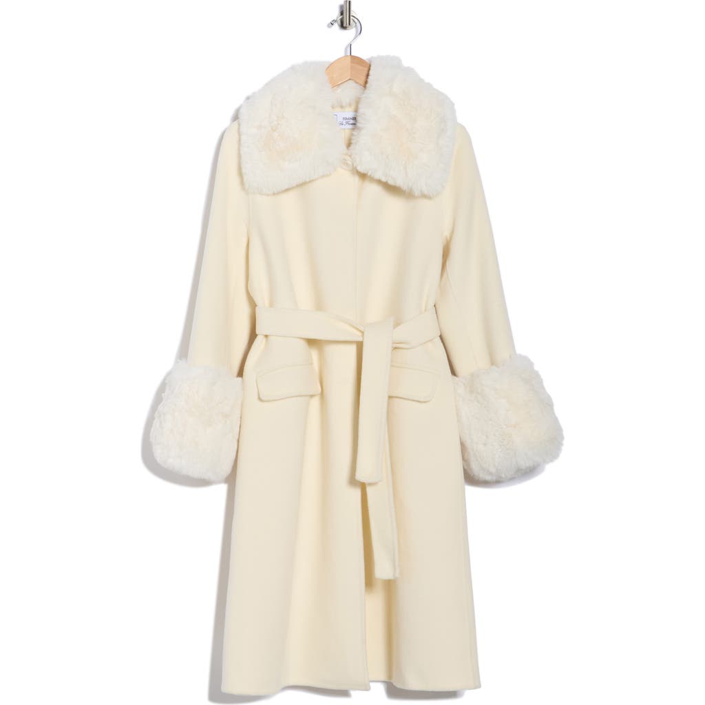 La Fiorentina Longline Wool Coat With Faux Fur Trim In White