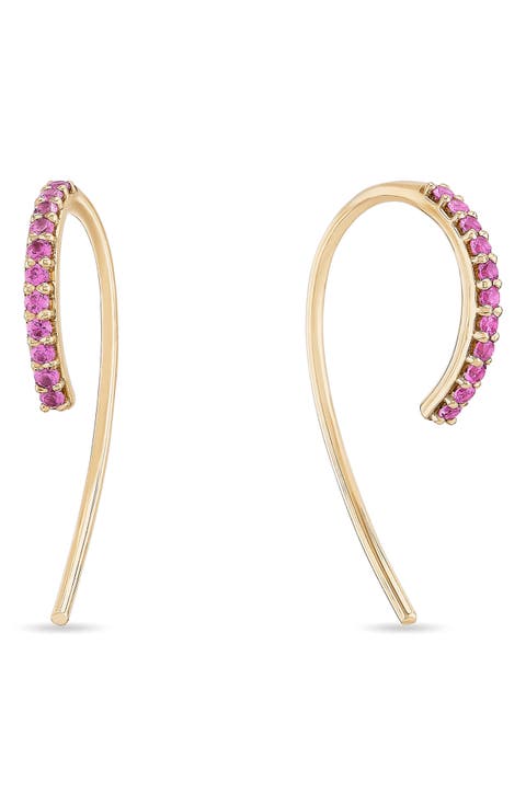 14K Gold Pink Sapphire Hooked on Hoops Earrings