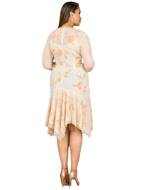 Lara New York Beaded Midi Dress With Asymmetrical Hem In Ivory/blush