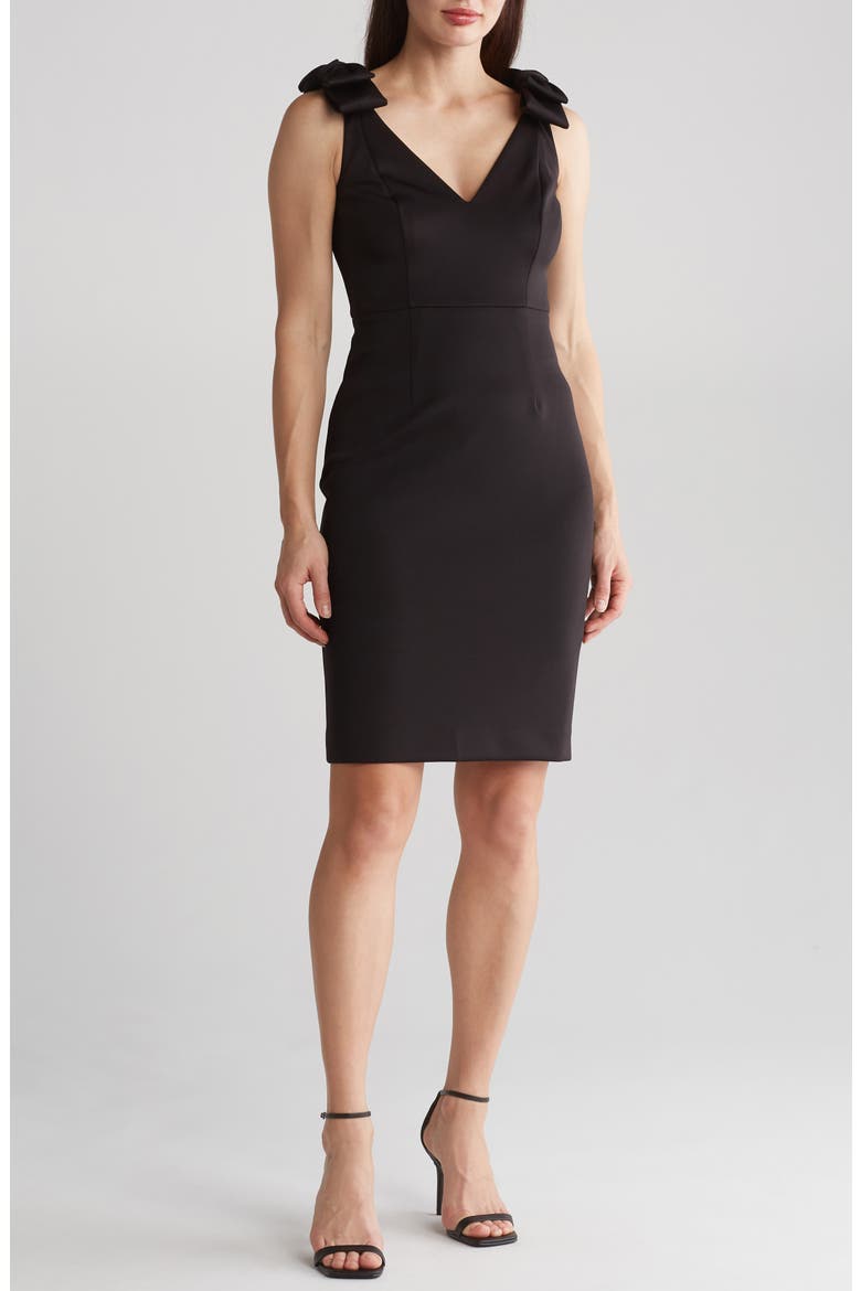 Bow Shoulder Crepe Sheath Dress, Main, color, BLACK