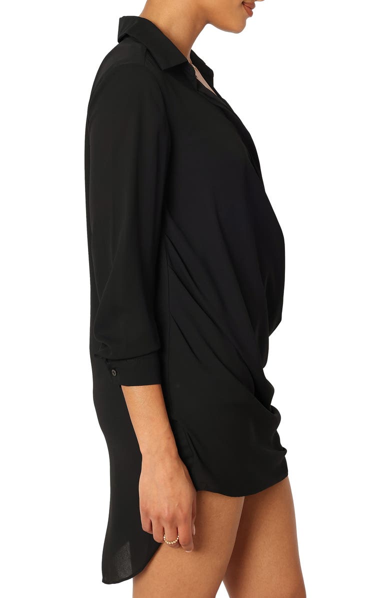 Petal & Pup Niky Gathered Mini Shirtdress, Alternate, color, Black