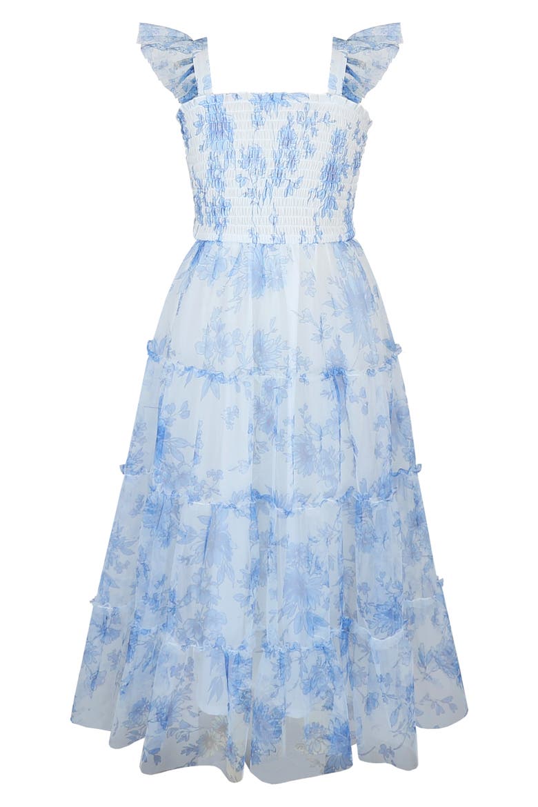 Kids' Tiered Flower Print Dress, Main, color, IVORY/BLUE