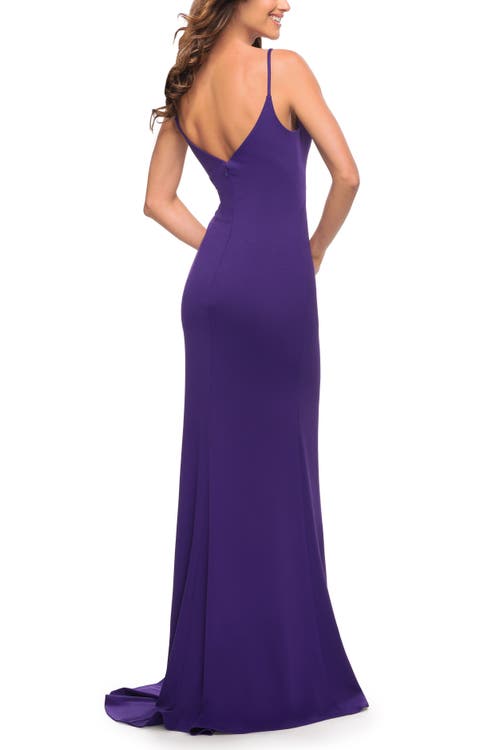 La Femme Simple Jersey Gown With V Neckline And Slit In Purple